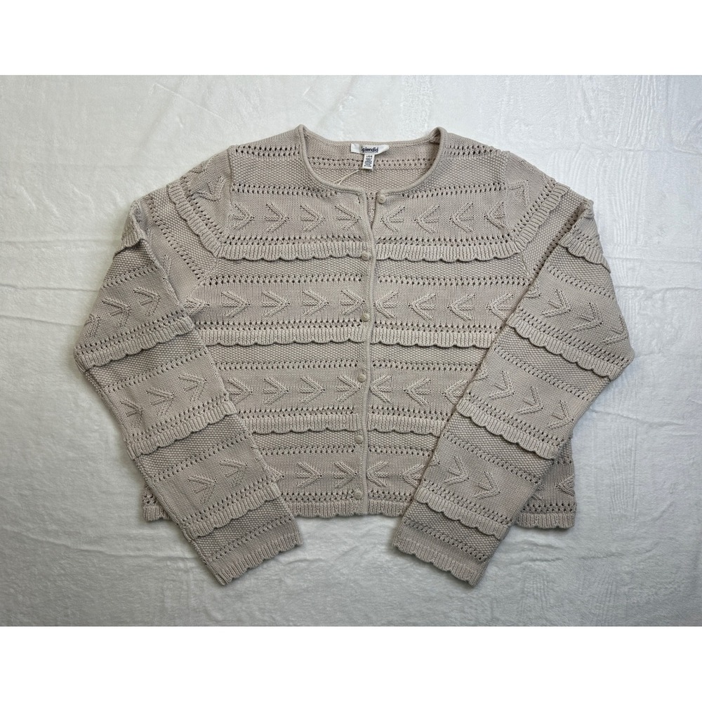 Splendid Cardigan Women Large Beige Pointelle Ruffle Cotton Sweater RM6K840